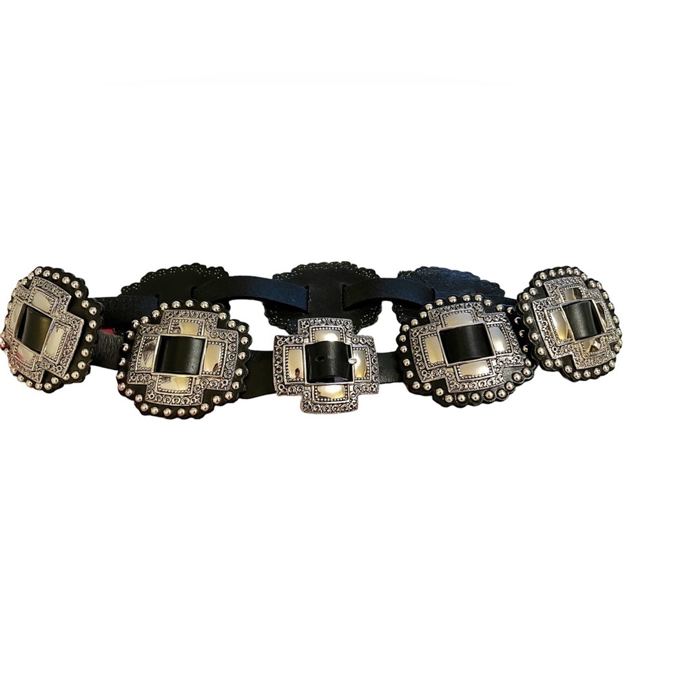 Southwestern Aztec Boho Chic Silver and Black Leather Oversized Belt